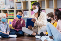 A multi-ethnic group of kindergarten or first grade students and their teacher in the classroom, sitting together in a circle on the floor. The children are 5 to 7 years old. They are all wearing masks, back to school during the COVID-19 pandemic, trying to prevent the spread of coronavirus. The teacher, an African-American woman, is holding a digital tablet and a boy is looking at it while clapping his hands.