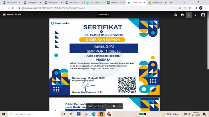 Informasi Sertifikat Dan Fasilitas Diklat Gratis 32 JP : Pemanfaatan ...